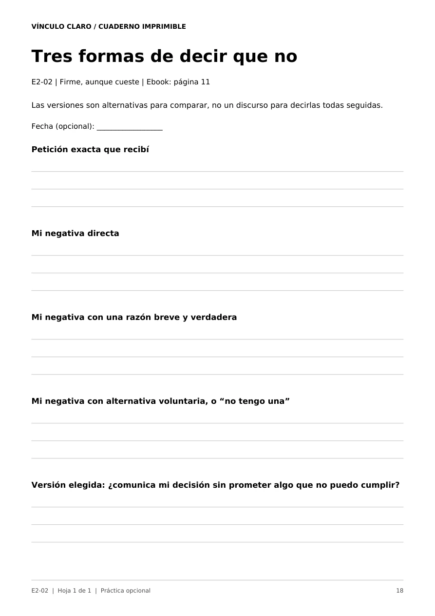 Hoja real del cuaderno: tres formas de decir que no